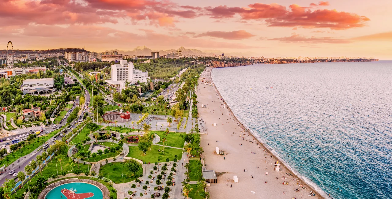 Aerial view of a beach park with vacationers in Antalya, Turkiye. iStock by frantic00