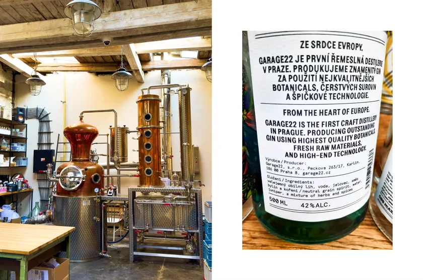 The distilling unit (left) and a label from the back of one of the gin bottles.