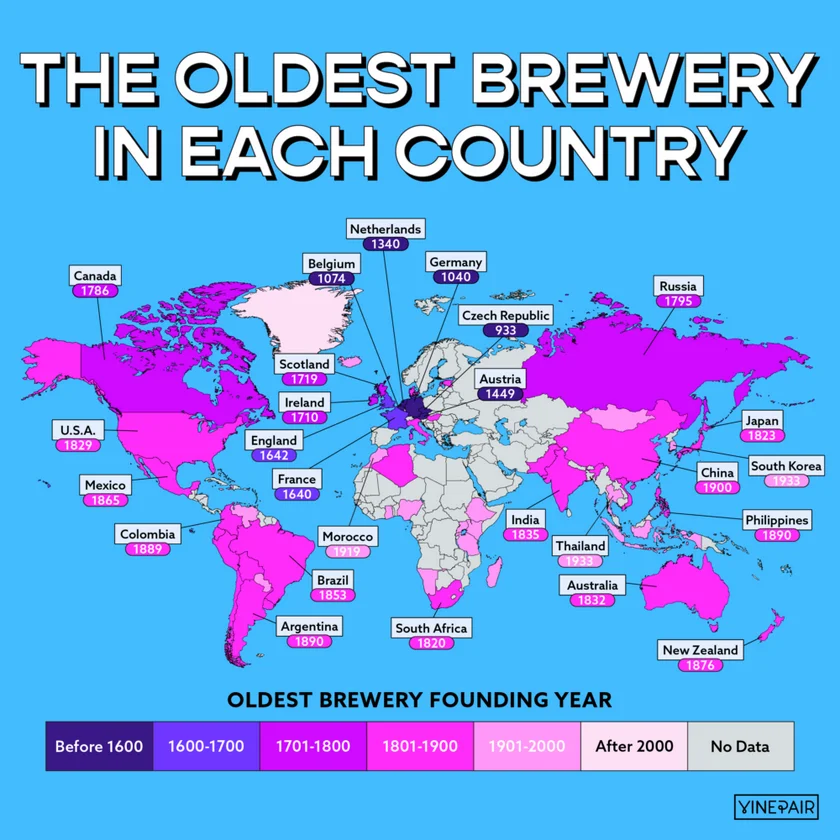 The oldest brewery in each country. Map: Facebook / VinePair